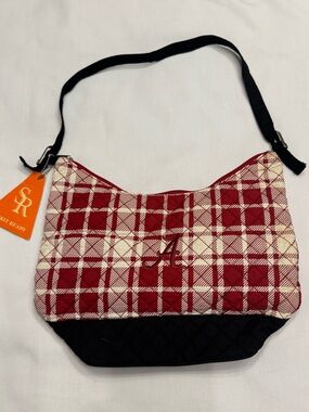 Crimson and Cream Plaid Shoulder Bag with Embroidered A